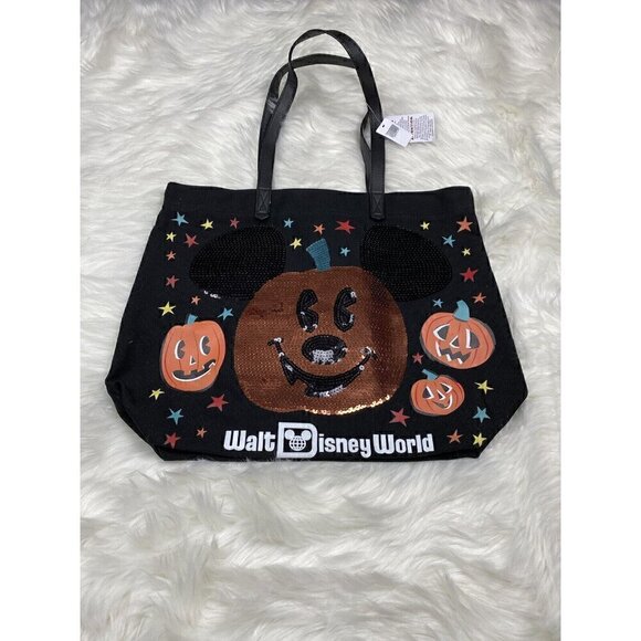 NWT Walt Disney World Mickey Mouse Halloween Tote Bag Black Pumpkin Sequins - Picture 1 of 10